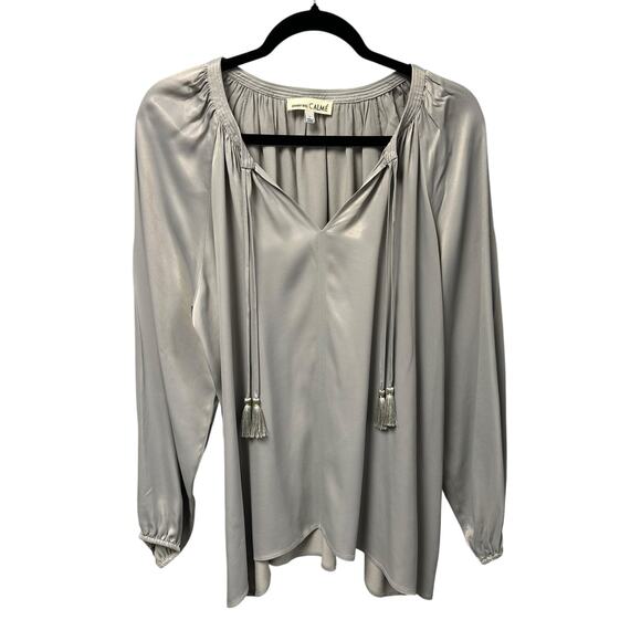 Johnny Was Calme Gray Double Tassel Long Sleeve Peasant Top Womens Size Large - Picture 1 of 4